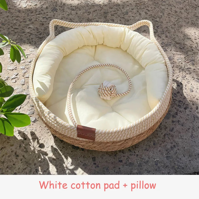 Cat in hand-woven bed at home