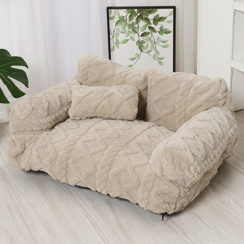 Beige plush pet sofa bed