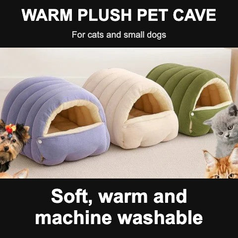 Plush pet cave beds in purple, cream and green