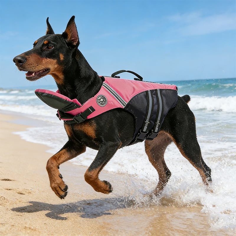 Dog swimming in life jacket