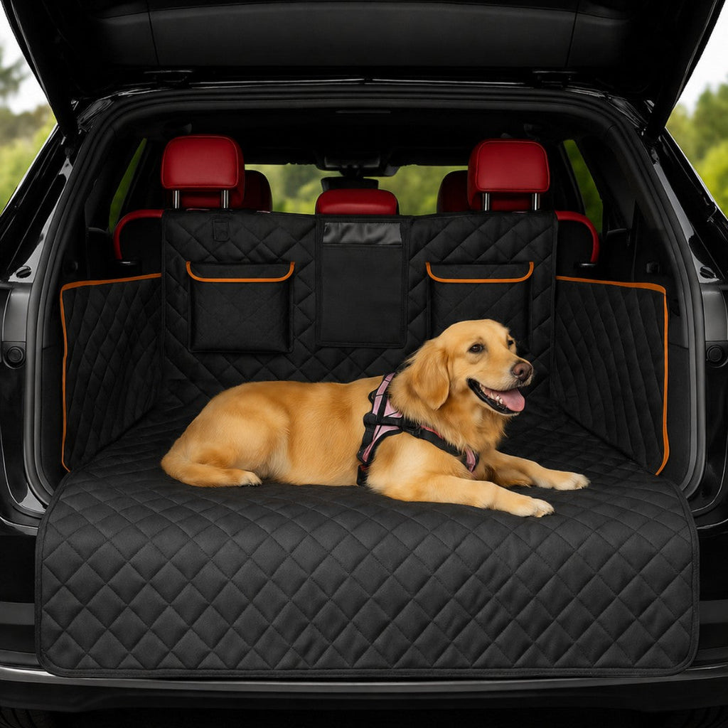 Dog lying on a quilted boot liner in an SUV