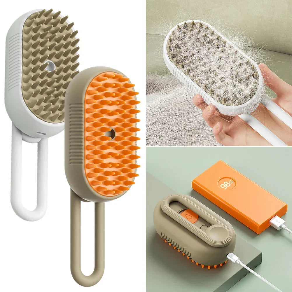 Steam brush in use with collected cat hair