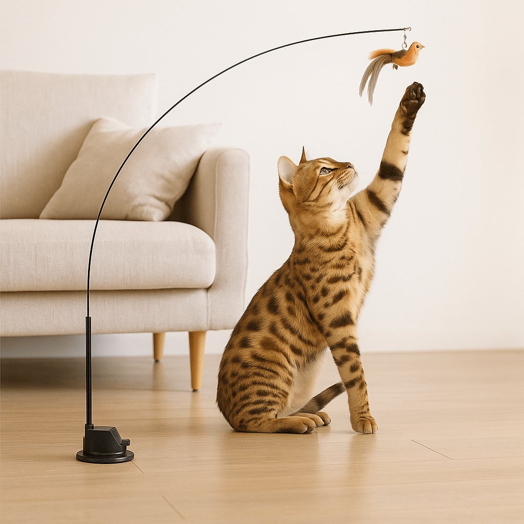 Cat teaser wand with feathered bird toy on flexible rod and black suction cup stand, cat jumping (view 2)