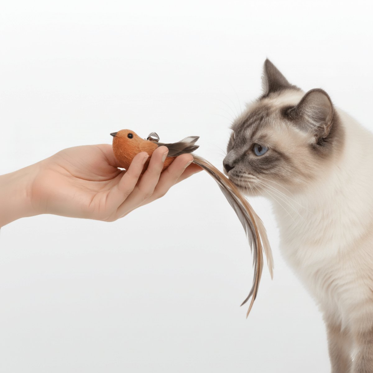 Cat teaser wand with feathered bird toy on flexible rod and black suction cup stand, cat jumping (view 4)