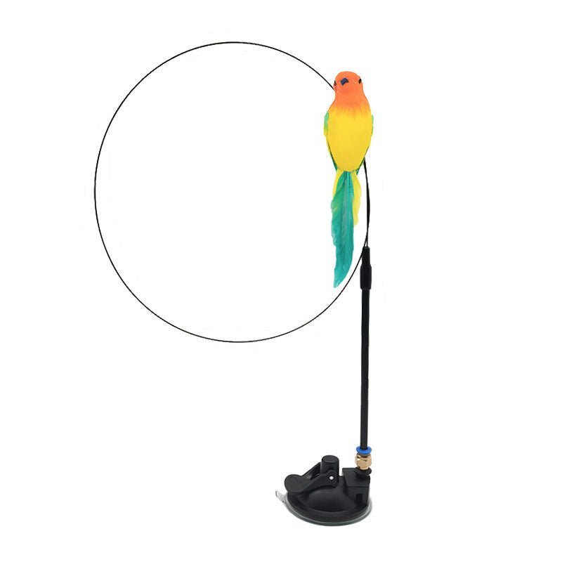 Cat teaser wand with feathered bird toy on flexible rod and black suction cup stand, cat jumping (view 9)
