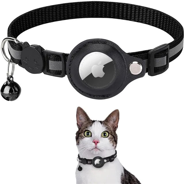 Cat collar with tracker holder and bell – black
