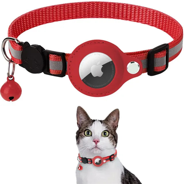 Cat collar with tracker holder and bell – red