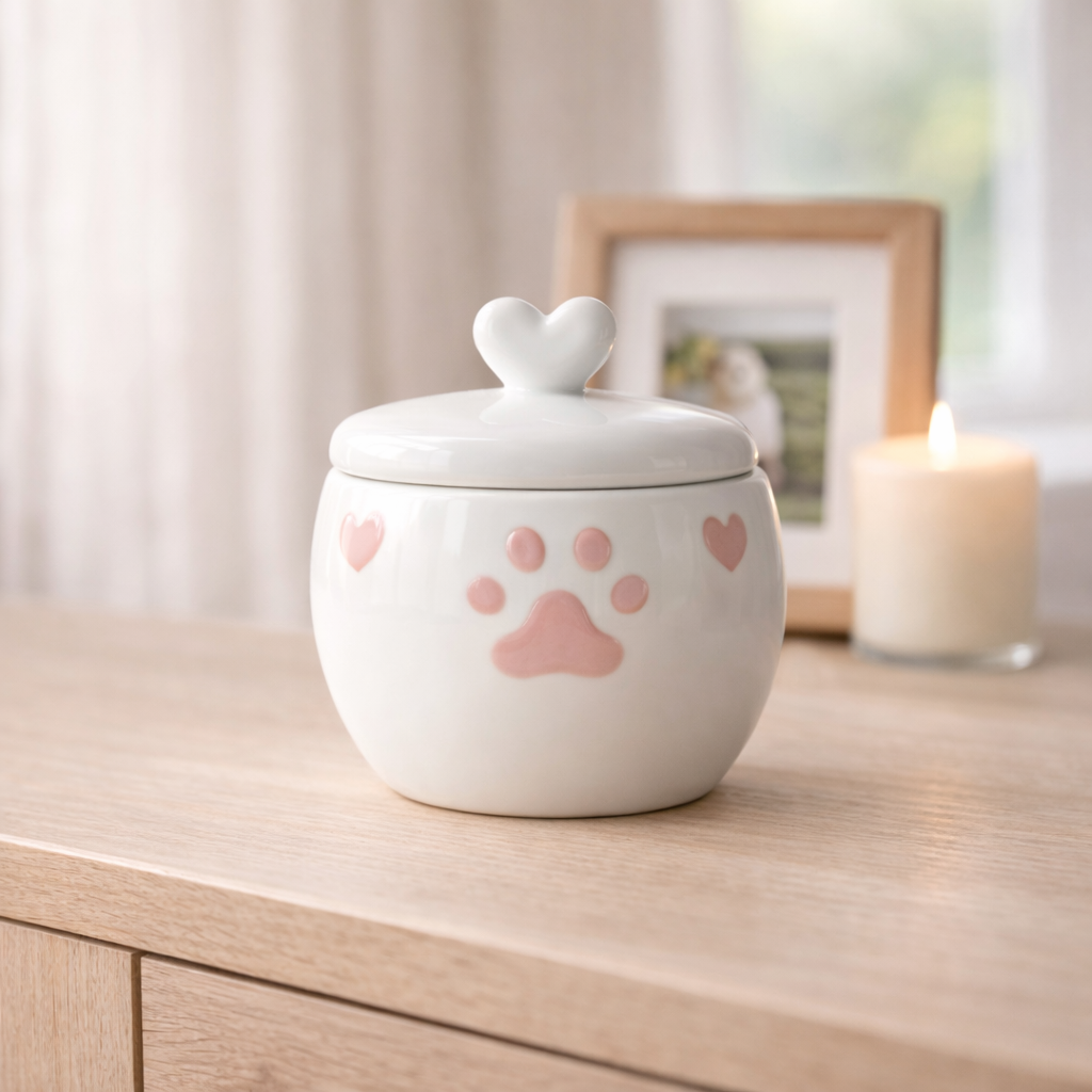 White ceramic pet urn with pink paw print