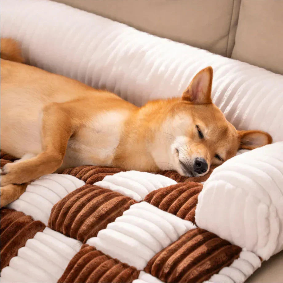 Dog sleeping on the plush checkered mat