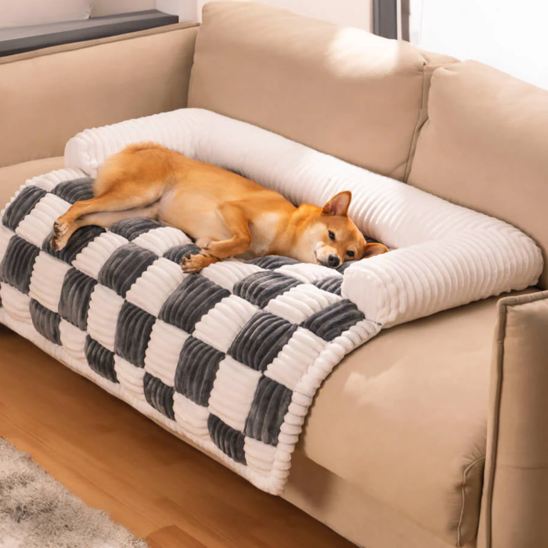 Grey checkered sofa mat
