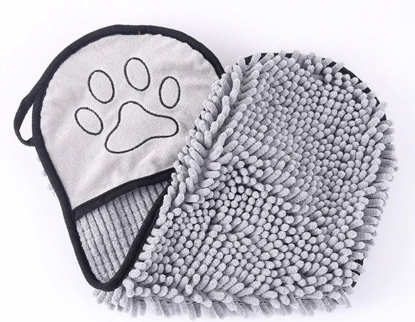 Grey chenille pet towel with hand pockets