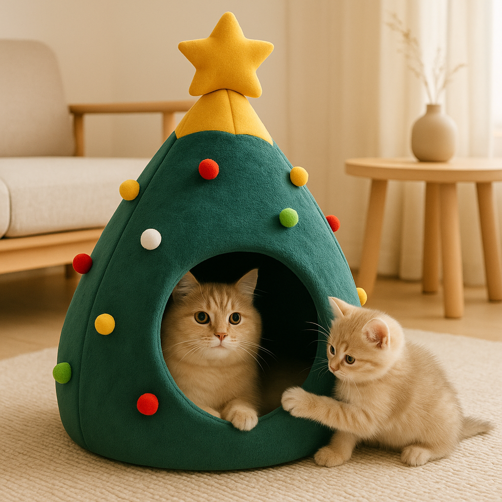 Christmas Tree Cat Bed - Festive Cave House with Removable Cushion - Two kittens playing with a green pet bed shaped like a Christmas tree with colorful lights.