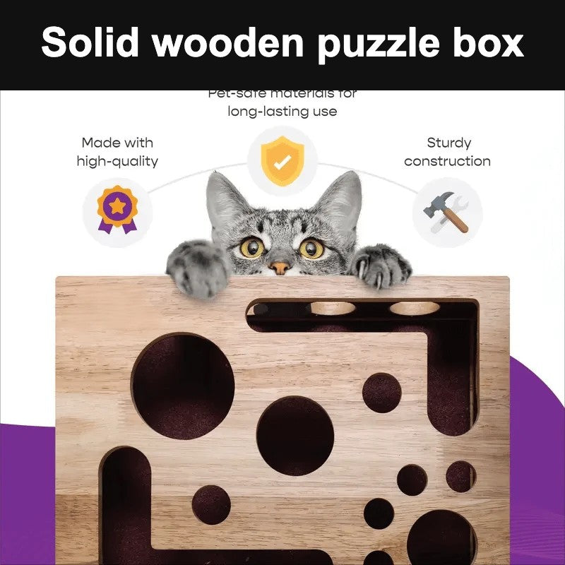 Cat peeking over wooden puzzle box