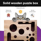 Cat peeking over wooden puzzle box