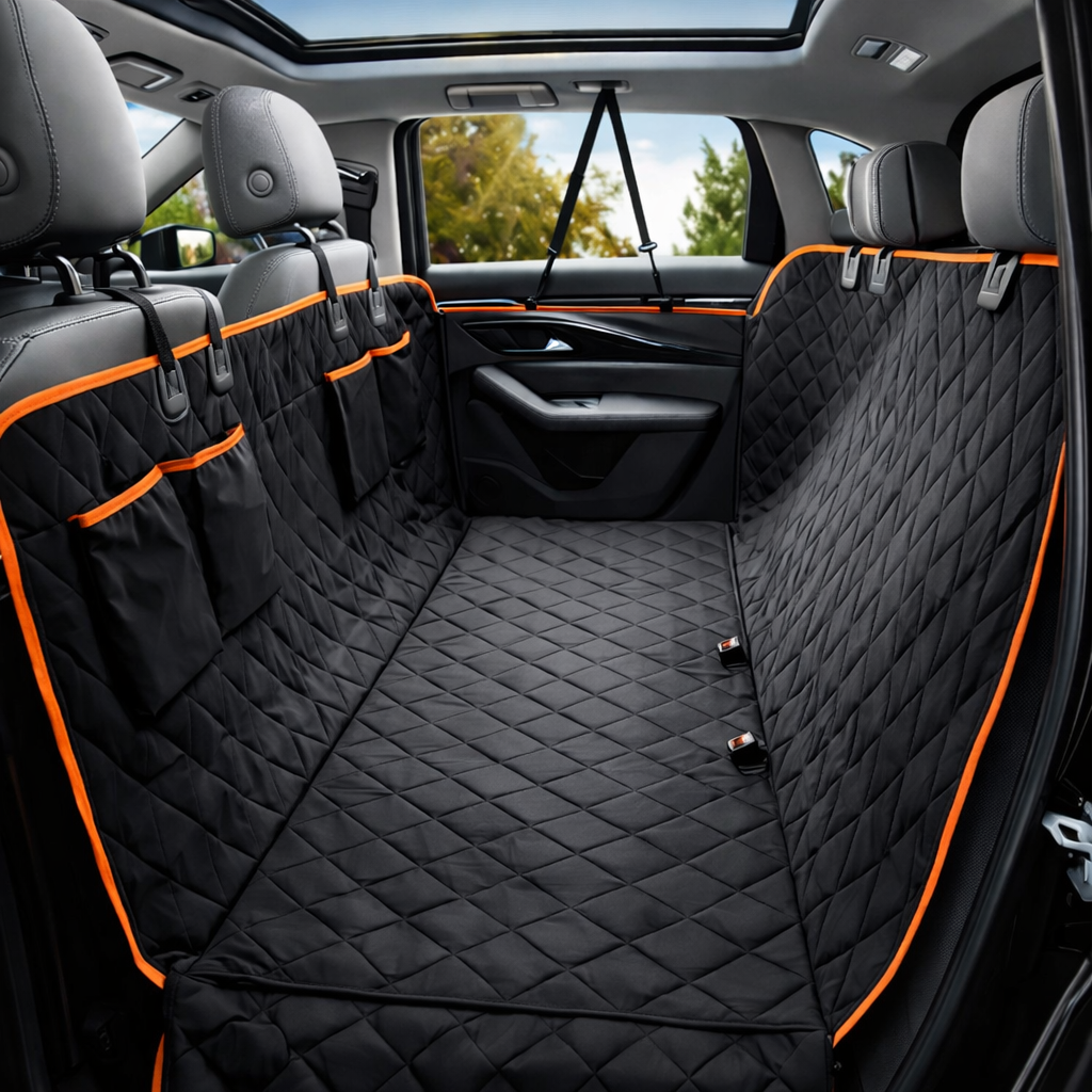 Black dog back seat cover with orange trim