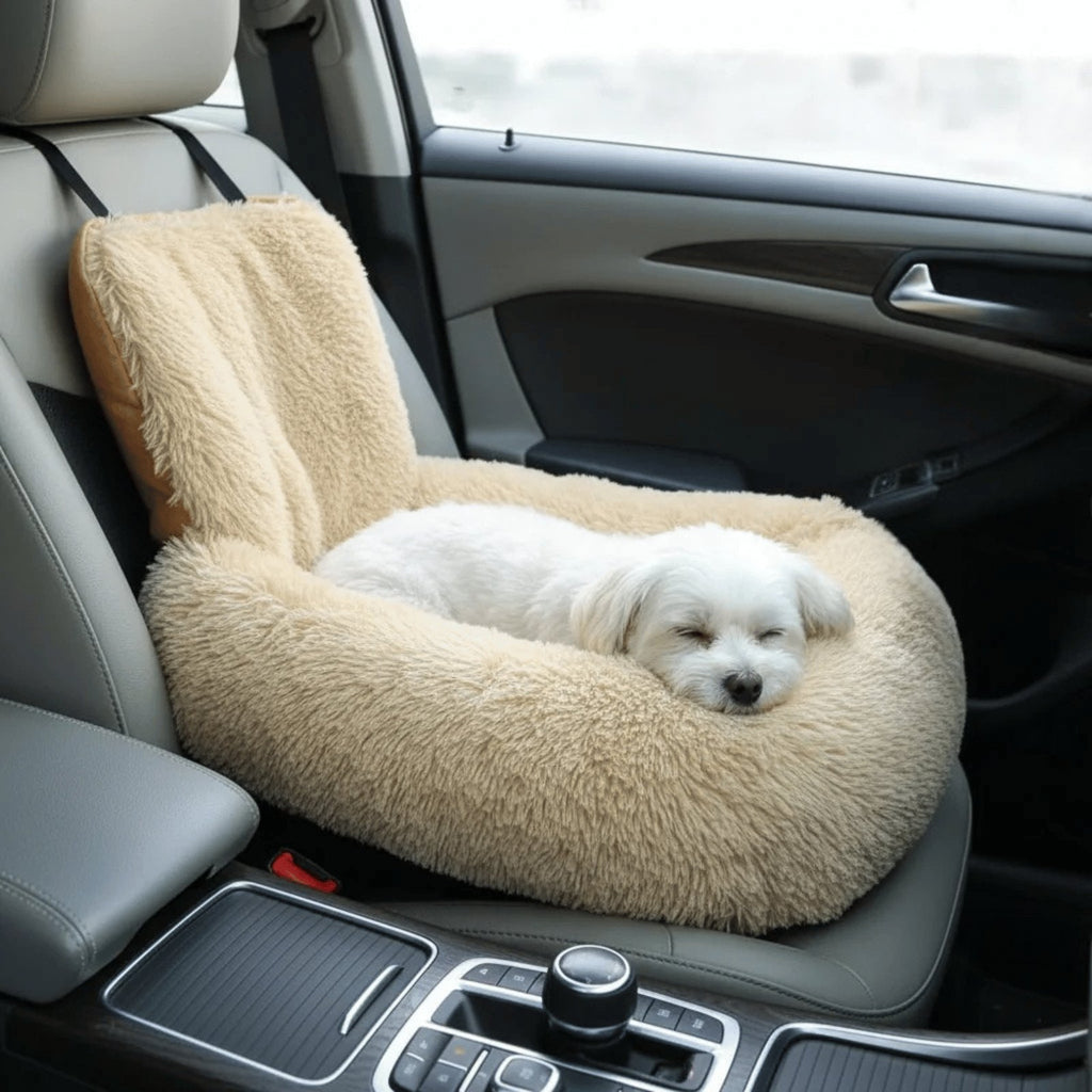 Beige plush dog car seat bed with high backrest, raised sides and black safety strap on car seat (view 6)