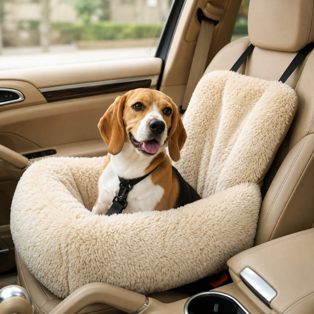 Beige plush dog car seat bed with high backrest, raised sides and black safety strap on car seat