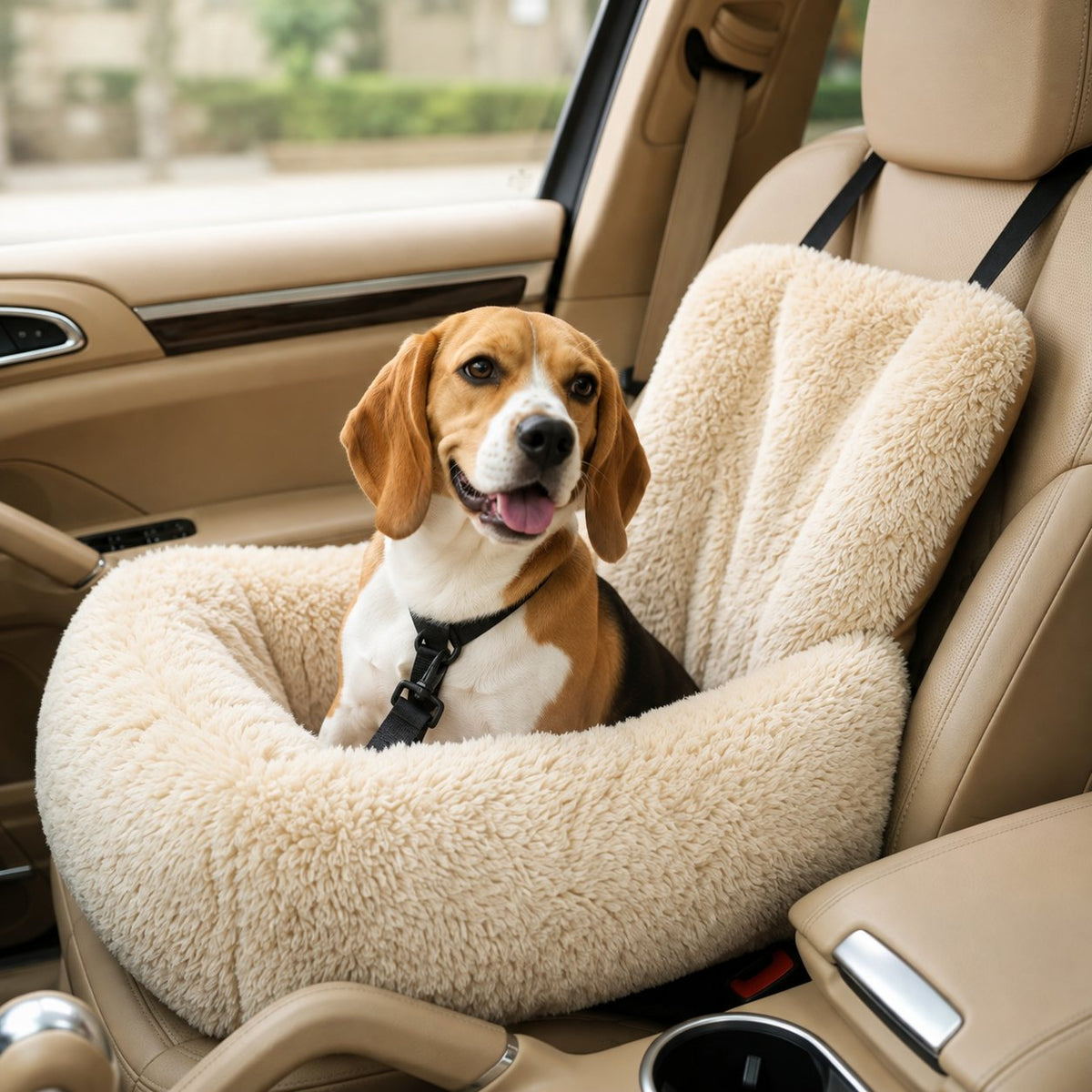 Beige plush dog car seat bed with high backrest, raised sides and black safety strap on car seat