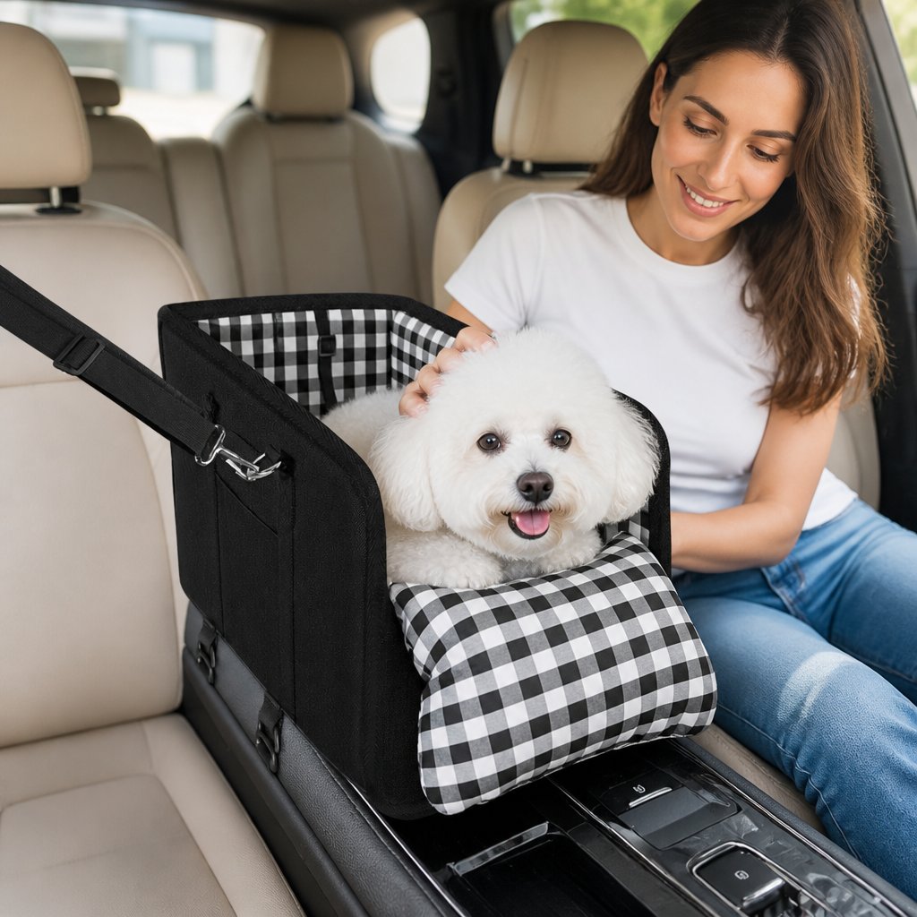 Black pet car seat carrier with checked lining on a car seat, small white dog sitting inside (view 2)