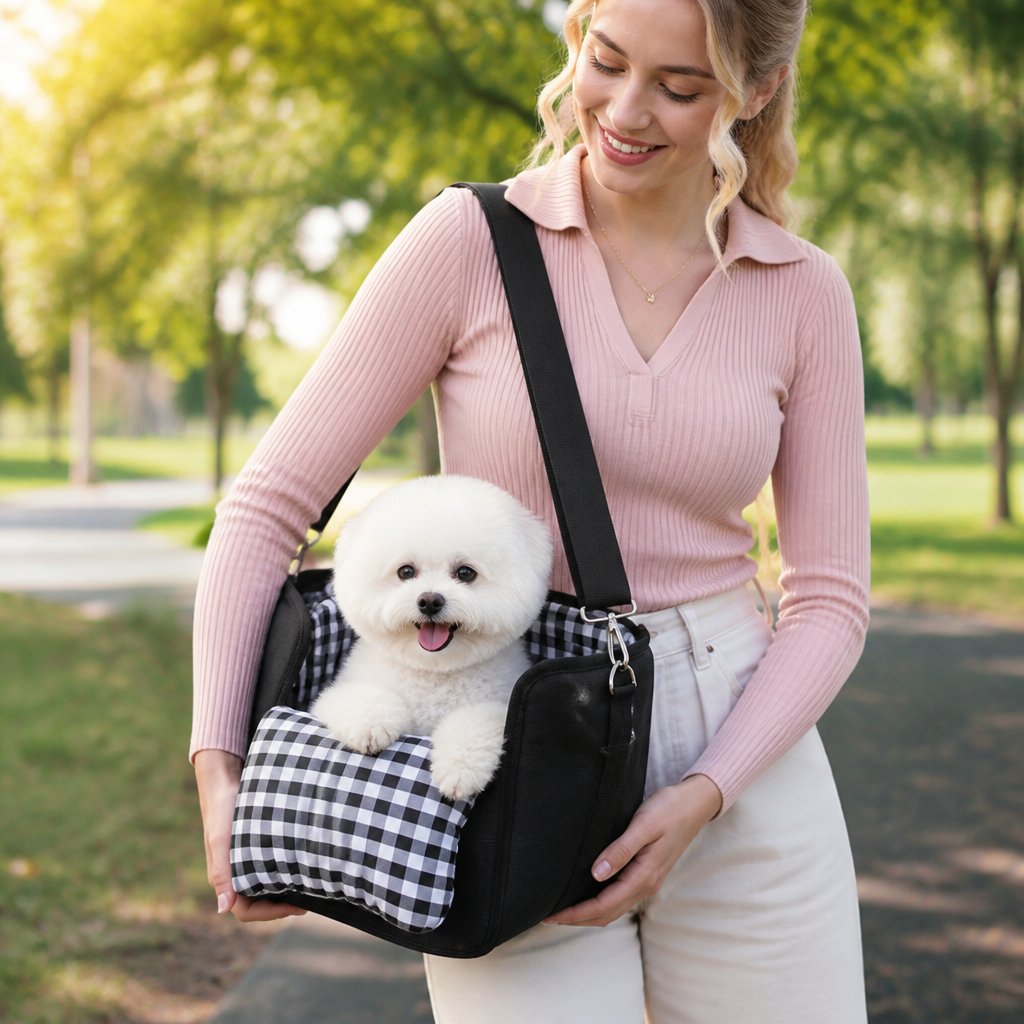 Black pet car seat carrier with checked lining on a car seat, small white dog sitting inside (view 3)