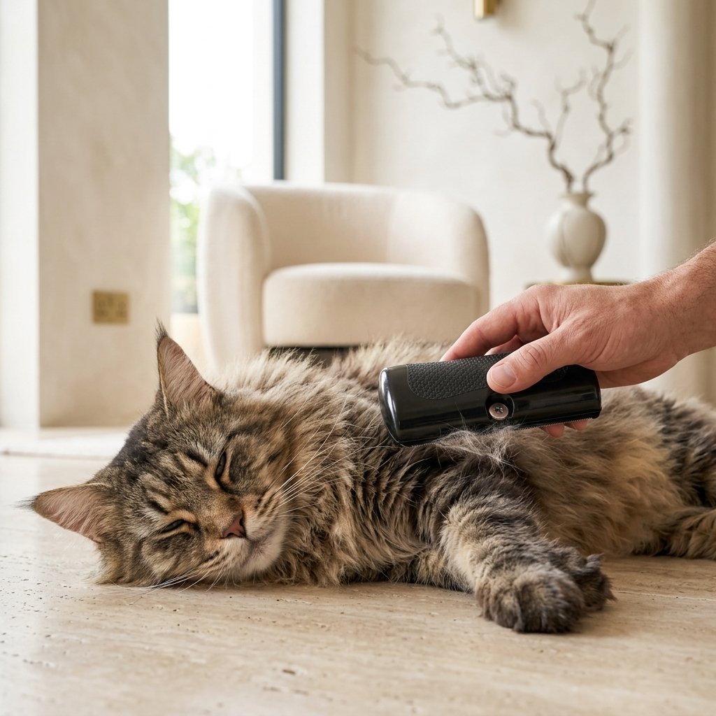 Black handheld deshedding comb with textured grip being used to groom a golden retriever's coat (view 3)