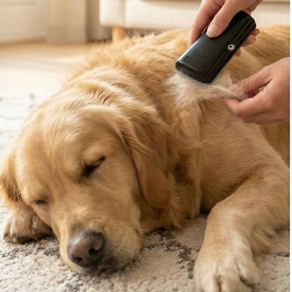 Black handheld deshedding comb with textured grip being used to groom a golden retriever's coat (view 4)