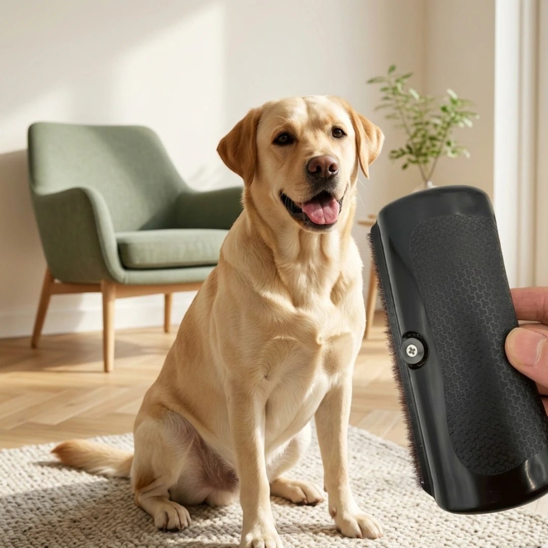 Black handheld deshedding comb with textured grip being used to groom a golden retriever's coat