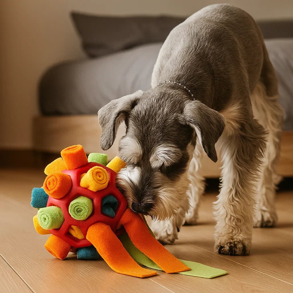 Colorful fleece snuffle ball with green rubber core and hidden treats, dog sniffing it on floor (view 11)