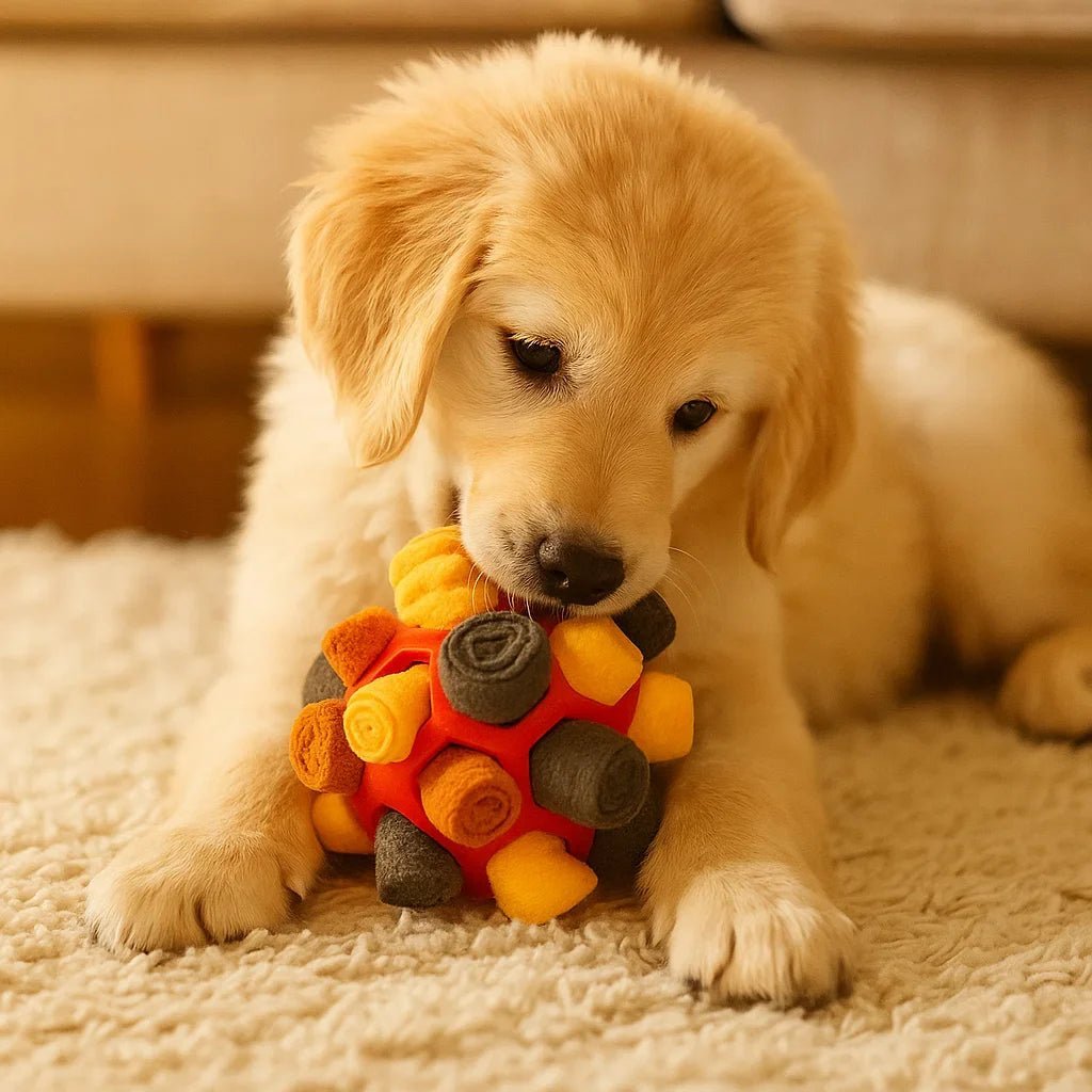 Colorful fleece snuffle ball with green rubber core and hidden treats, dog sniffing it on floor (view 6)