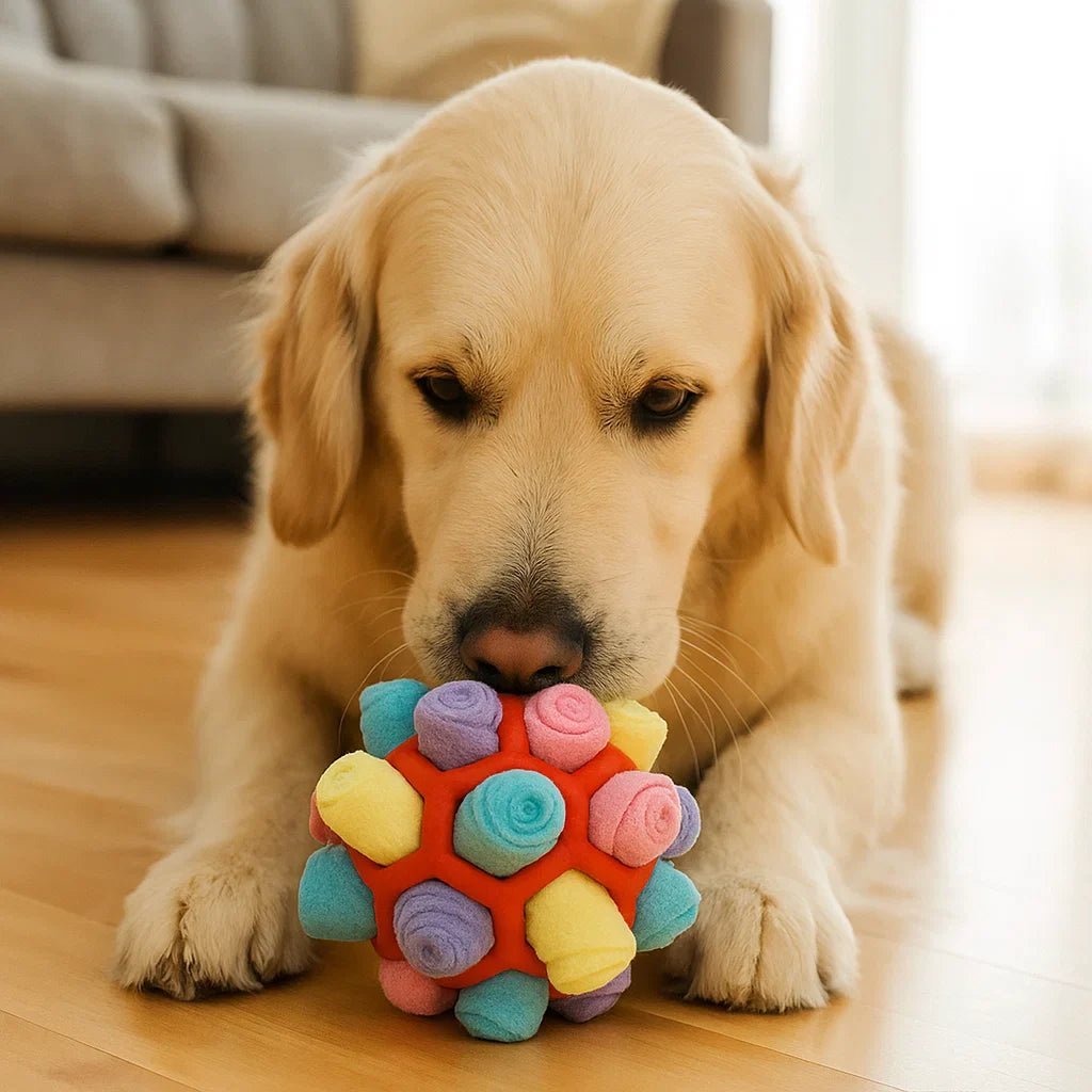 Colorful fleece snuffle ball with green rubber core and hidden treats, dog sniffing it on floor (view 8)