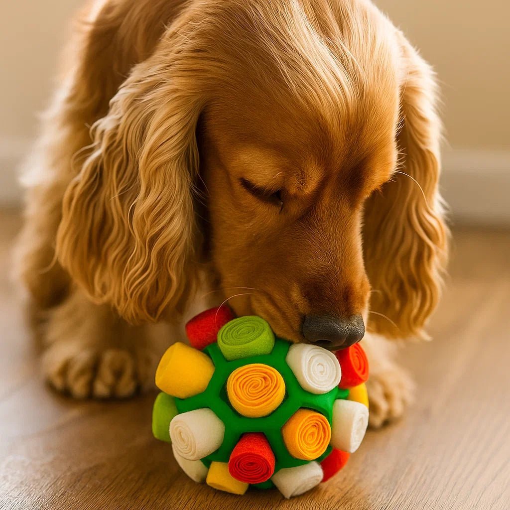 Colorful fleece snuffle ball with green rubber core and hidden treats, dog sniffing it on floor (view 9)