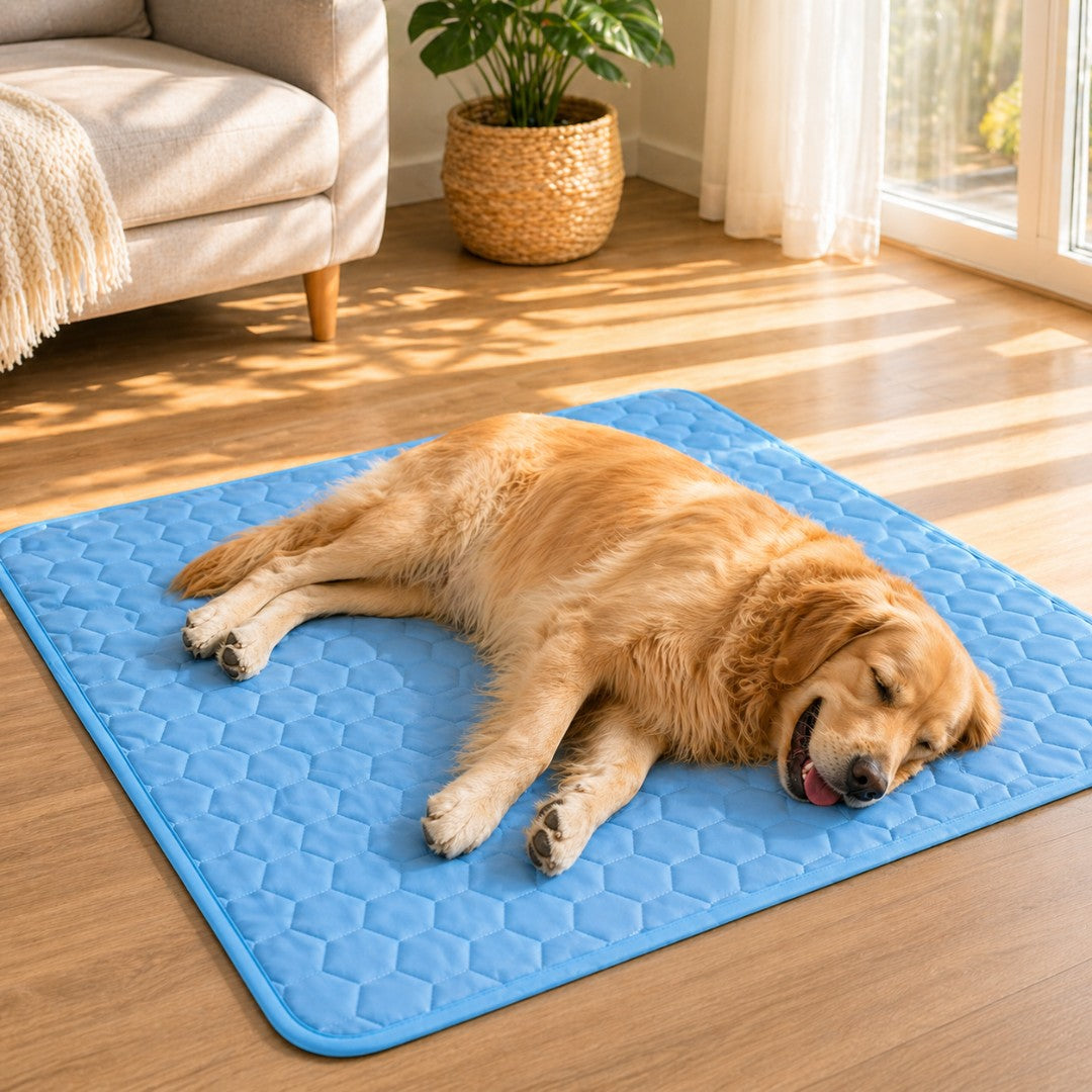 Dog lying on a blue cooling mat