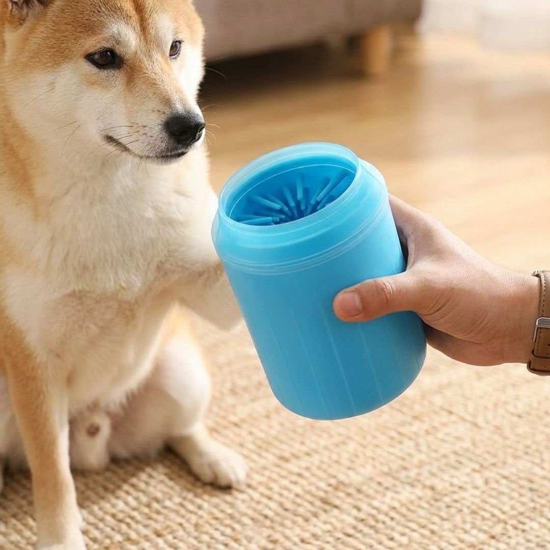 Blue silicone dog paw cleaner cup held in a hand next to a sitting Shiba Inu dog