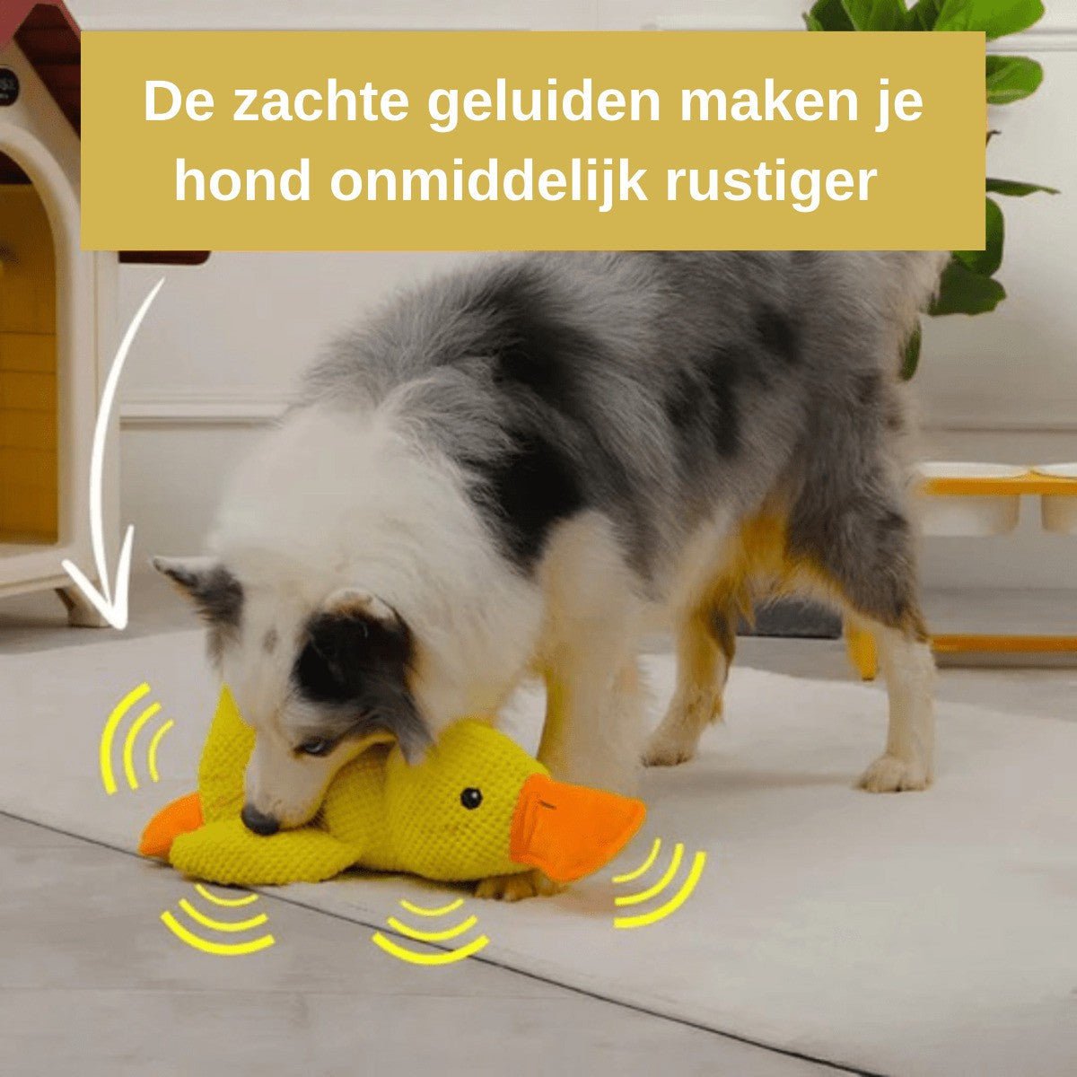Yellow plush duck dog toy with orange bill and feet, textured fabric, lying on a light surface (view 5)