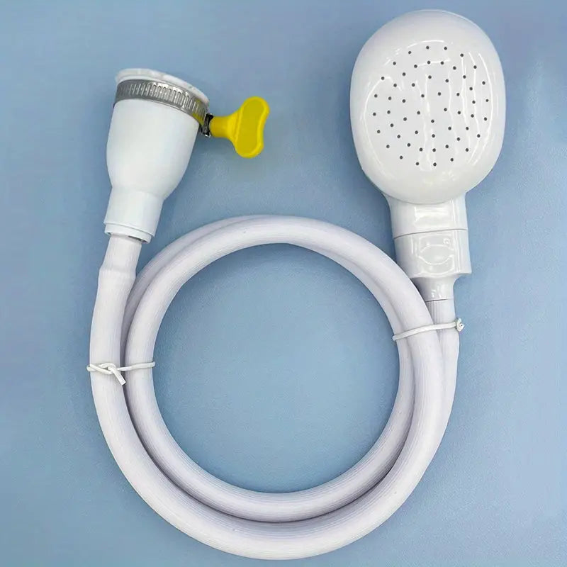 White dog shower head with flexible hose