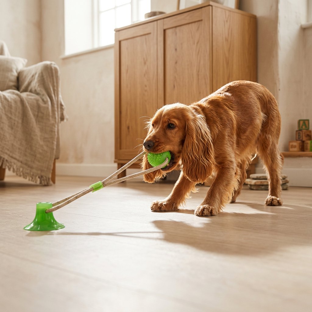 Dog pulling a green suction cup tug toy with textured ball and rope on a smooth floor