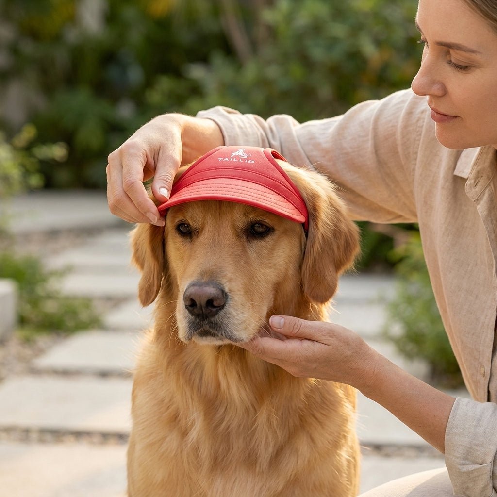 Light blue dog sun visor cap with wide brim and ear holes worn by a dog at the beach (view 11)