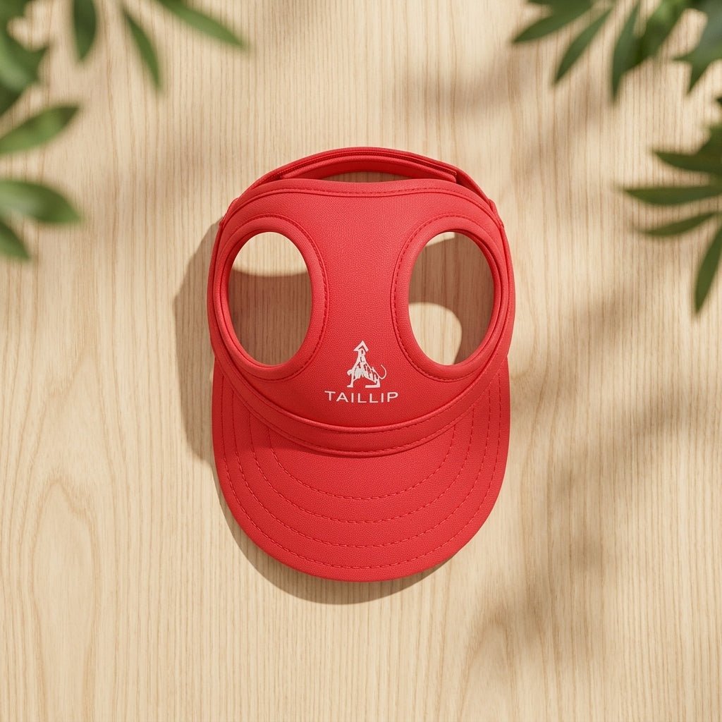 Light blue dog sun visor cap with wide brim and ear holes worn by a dog at the beach (view 12)