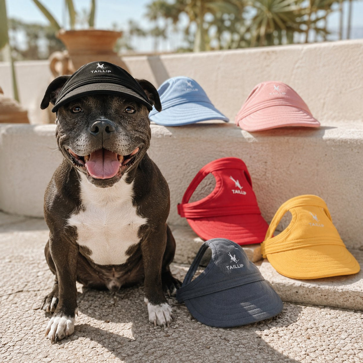 Light blue dog sun visor cap with wide brim and ear holes worn by a dog at the beach (view 3)
