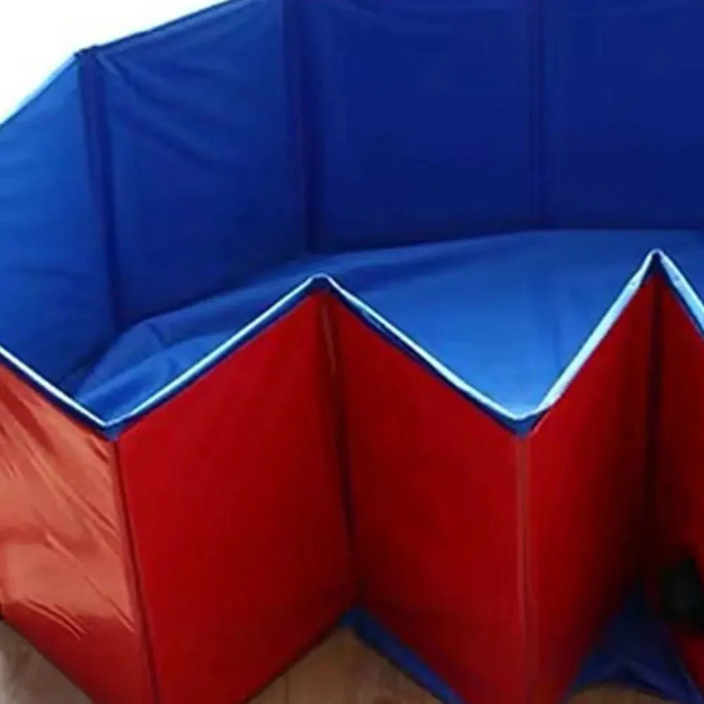 Foldable dog swimming pool in blue, shown open, folded flat, and with a dog standing inside on grass (view 3)