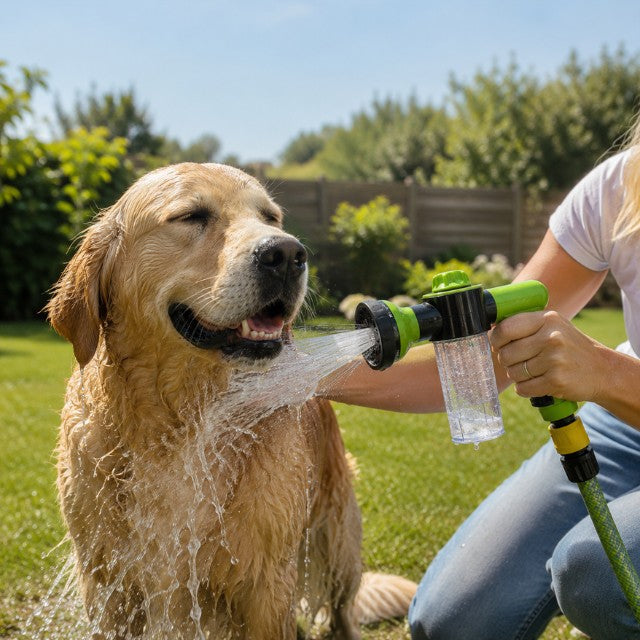 Washing a golden retriever with the hose sprayer