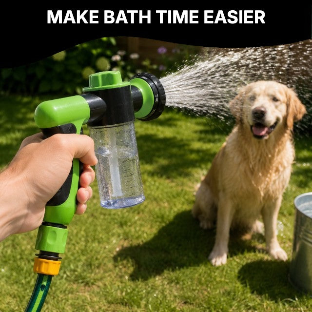 Spraying a dog with the hose sprayer