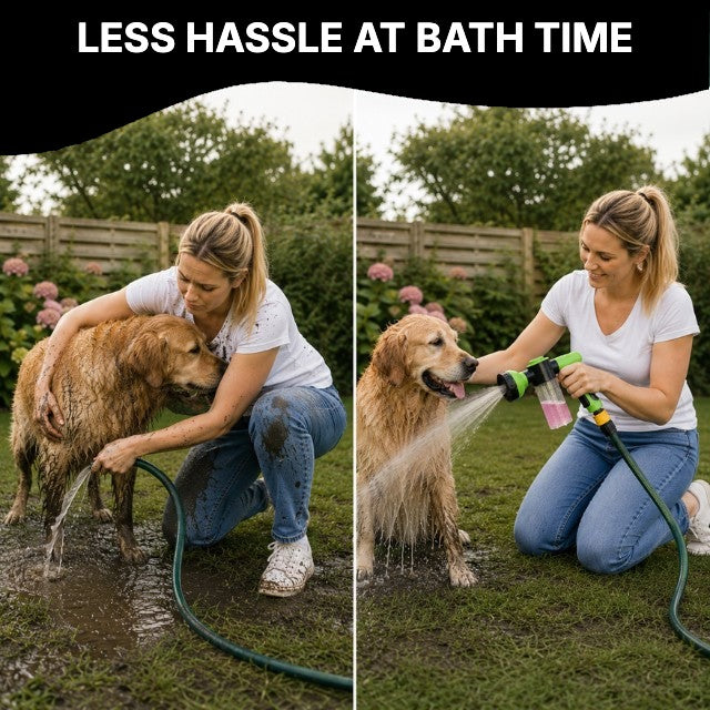 Washing a dog in the garden with the sprayer