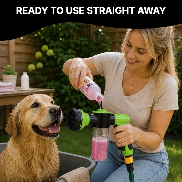 Filling the sprayer bottle with dog shampoo