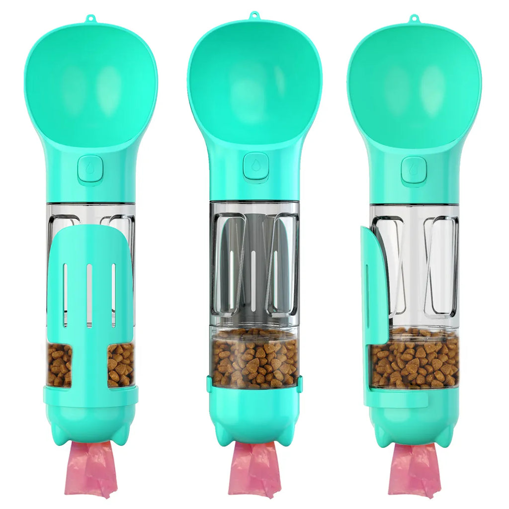 3-in-1 dog water bottle with food storage and poop-bag holder