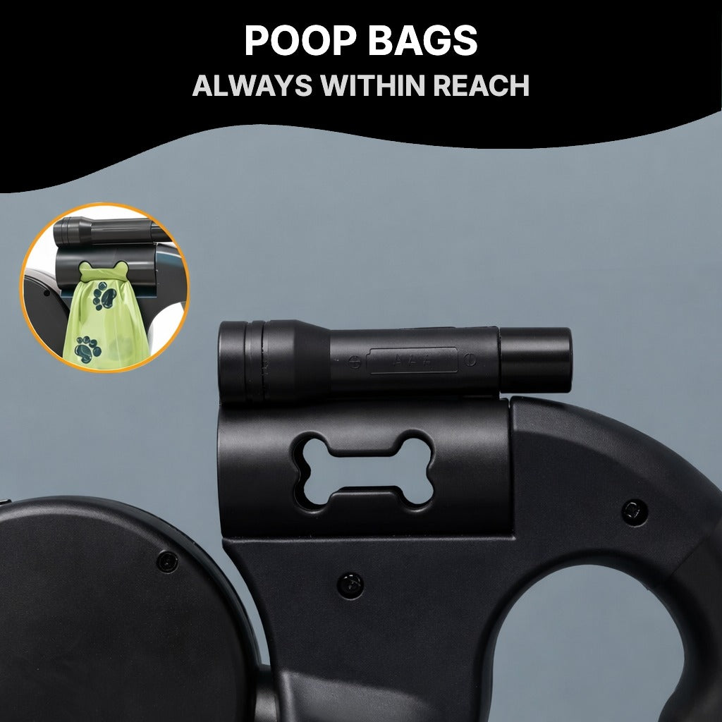 Built-in poop-bag dispenser on the leash handle