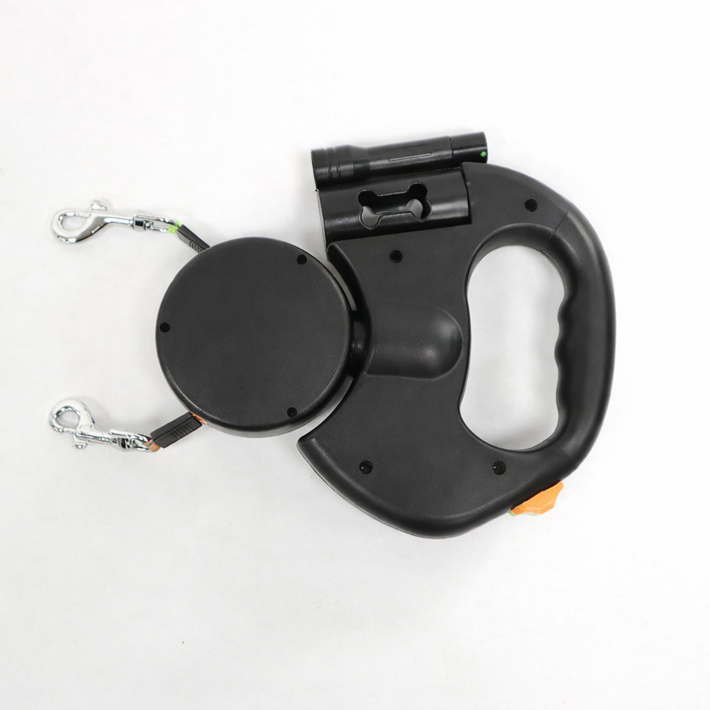 Double retractable dog leash, black – with both leads extended