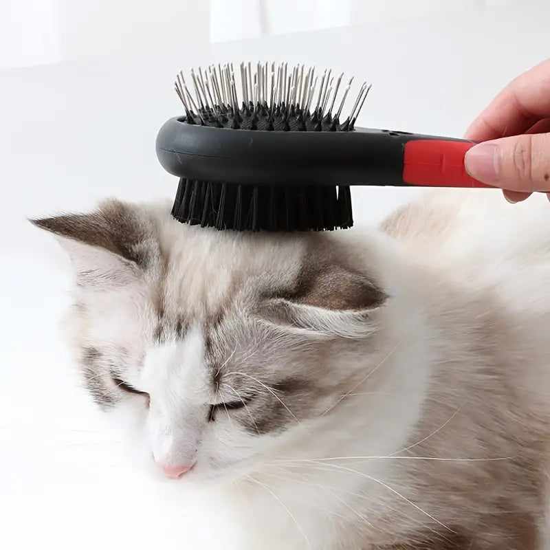 Brushing a cat with the double-sided brush