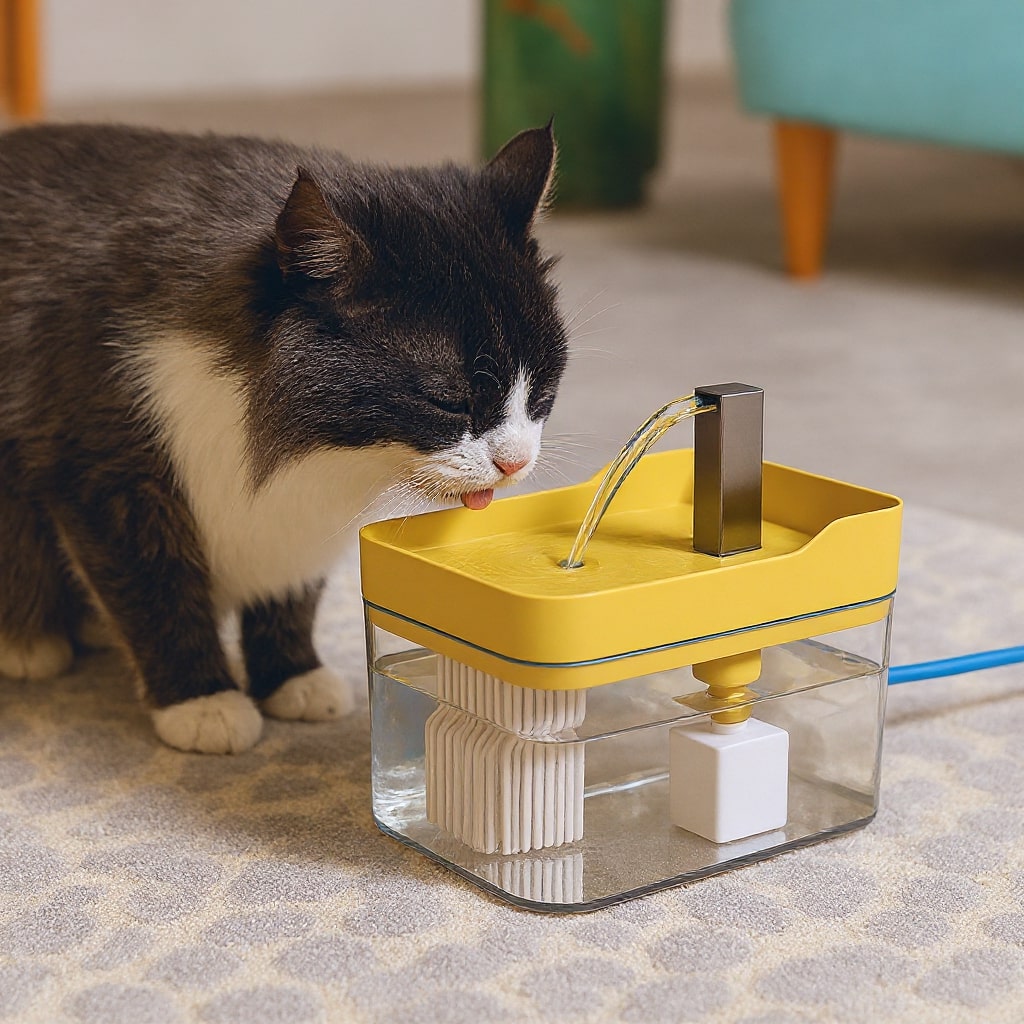 Pet drinking from water fountain