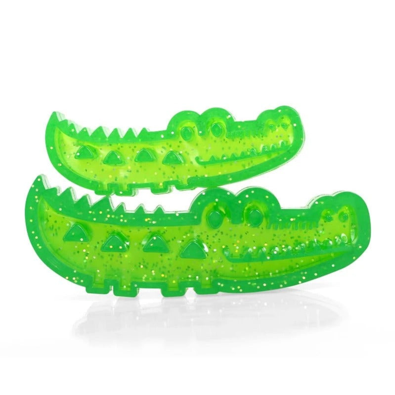 Crocodile-shaped treat dispensing dog chew toy